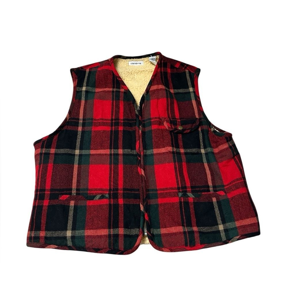 Claiborne Wool Blend Sherpa Lined Plaid Vest Red Black Men’s XL